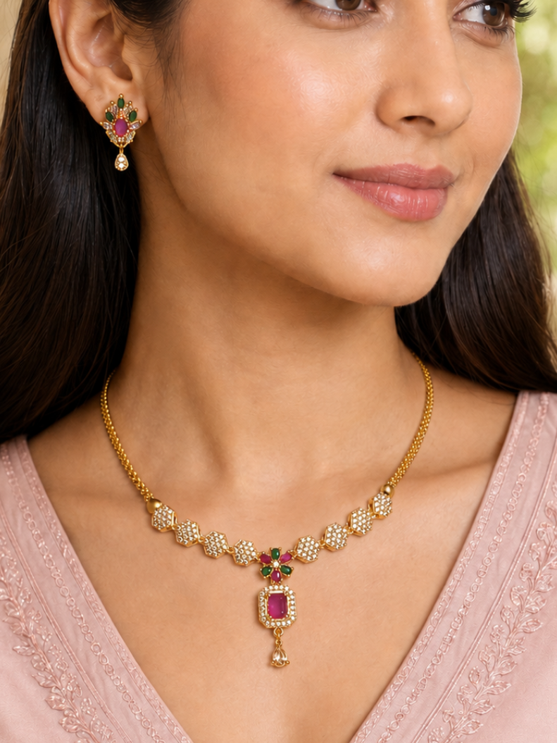 Blush Petal Crystal Pendant Necklace Set
