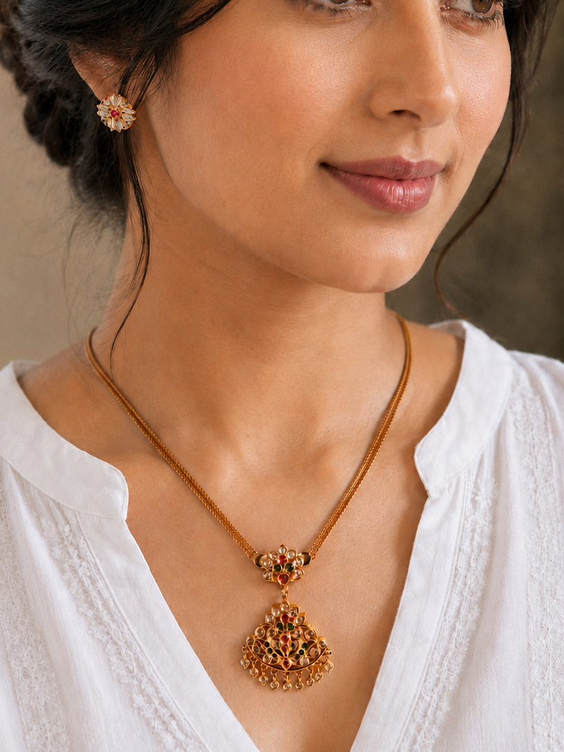 Pastel Bloom Kundan Fan Necklace Set