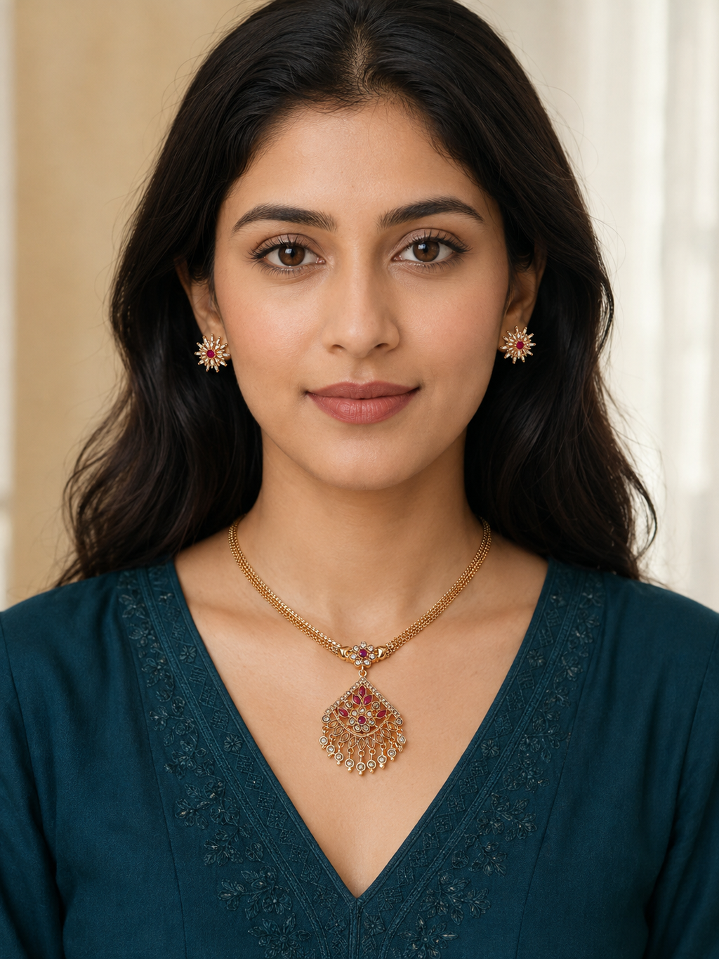 Rose Petal Kundan Drop Necklace Set