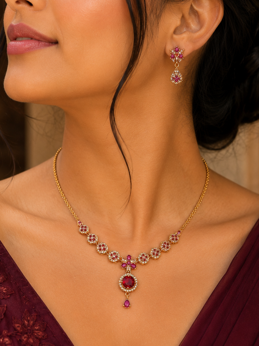 Crimson Radiance Floral Necklace Set