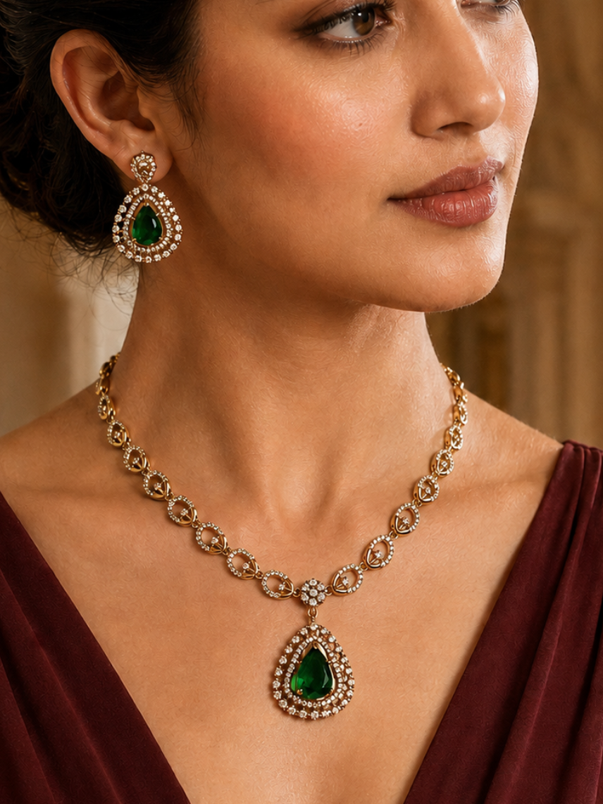 Emerald Teardrop Halo Necklace Set