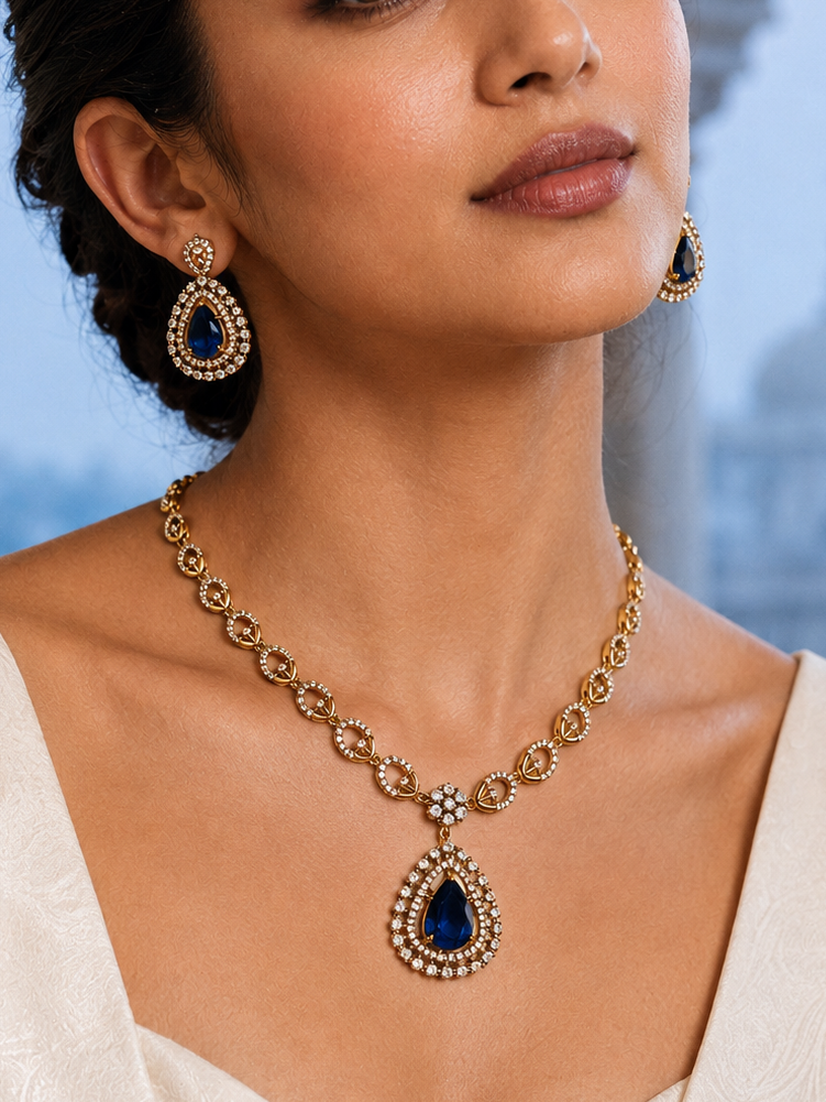 Midnight Blue Teardrop Halo Necklace Set