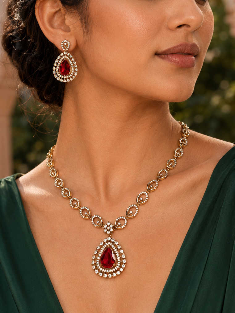 Crimson Teardrop Halo Necklace Set