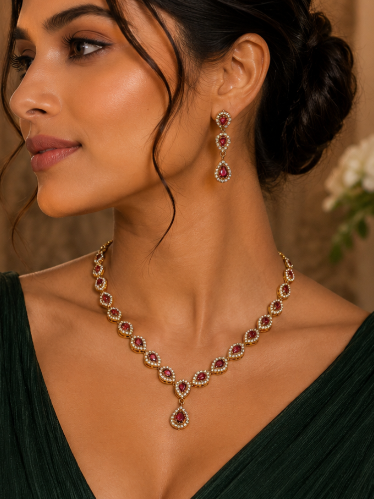 Crimson Teardrop Tennis Necklace Set