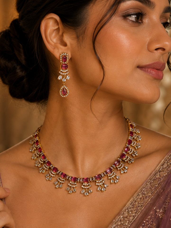 Crimson Cascade Crystal Statement Necklace Set