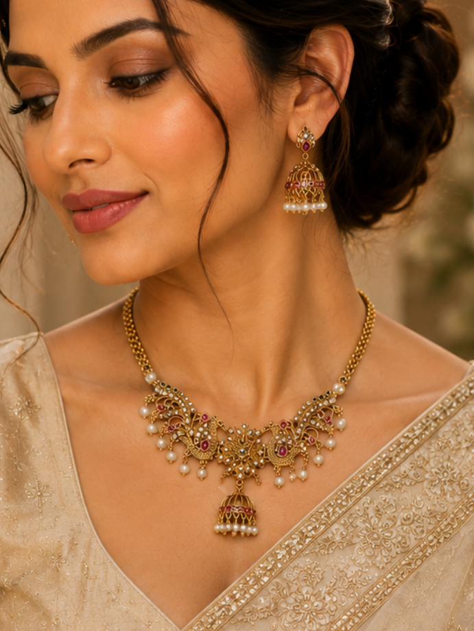 Royal Peacock Kundan Jhumka Necklace Set