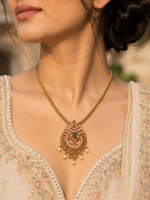 Emerald-Tone Ornate Kundan Pendant Necklace