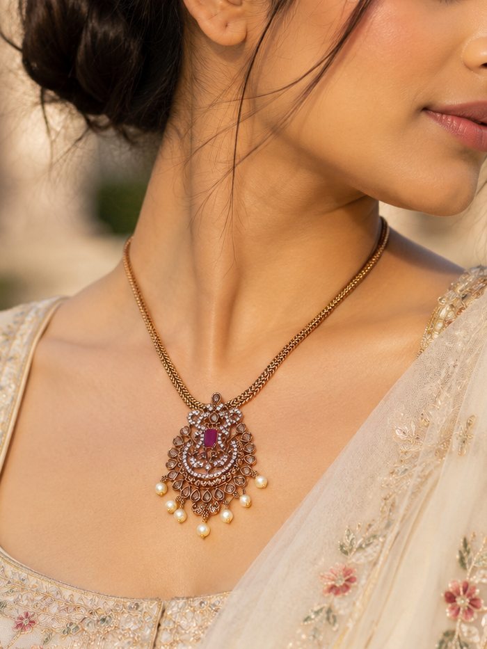 Crimson Ornate Kundan Pendant Necklace