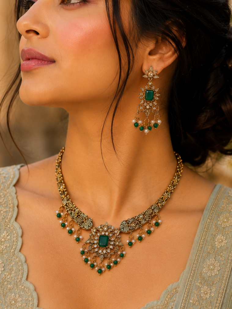 Emerald-Tone Heritage Kundan Necklace Set
