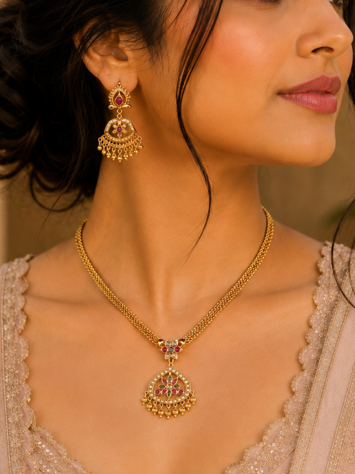Rangoli Lotus Kundan Jhumka Necklace Set