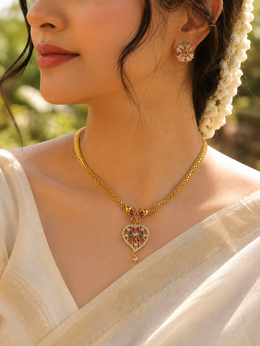 Enchanted Petal Kundan Heart Necklace Set