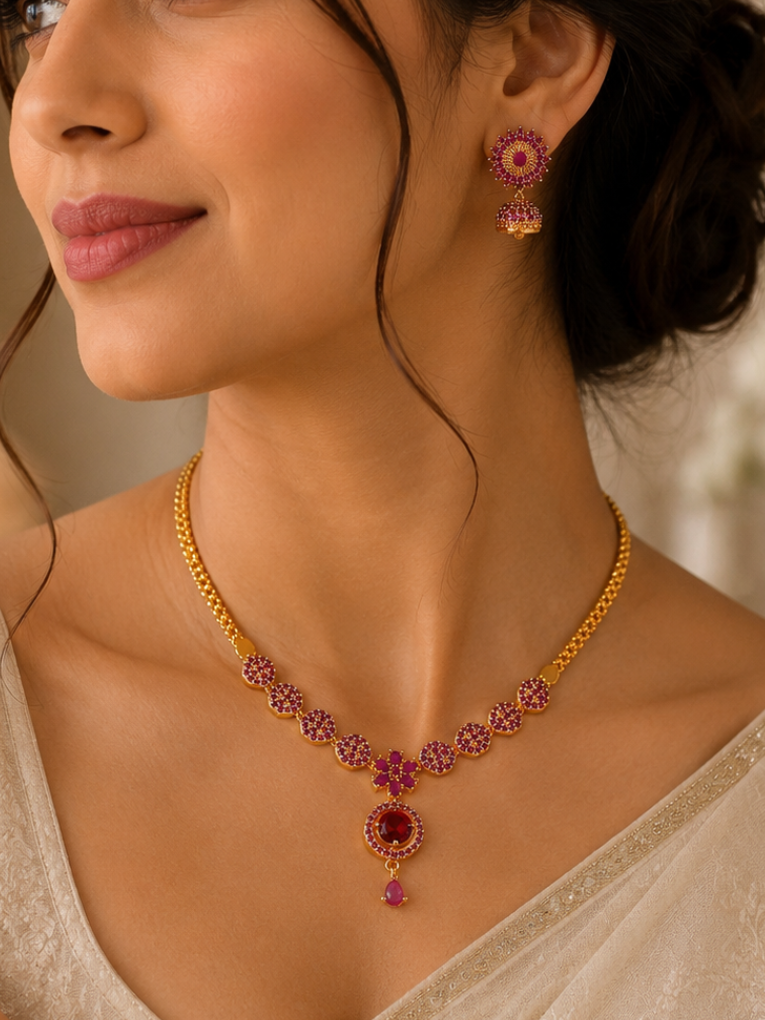 Crimson Bloom Crystal Pendant Necklace Set
