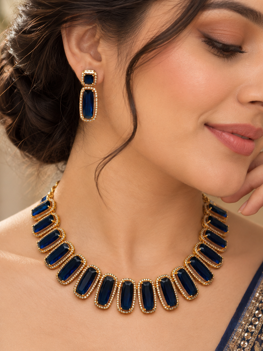 Midnight Blue Rectangular Stone Necklace Set