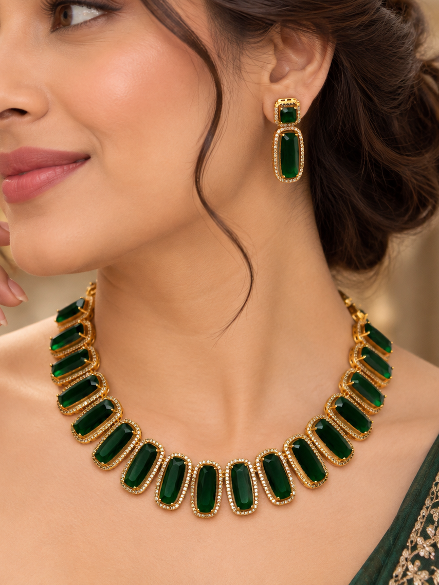 Forest Green Rectangular Stone Necklace Set