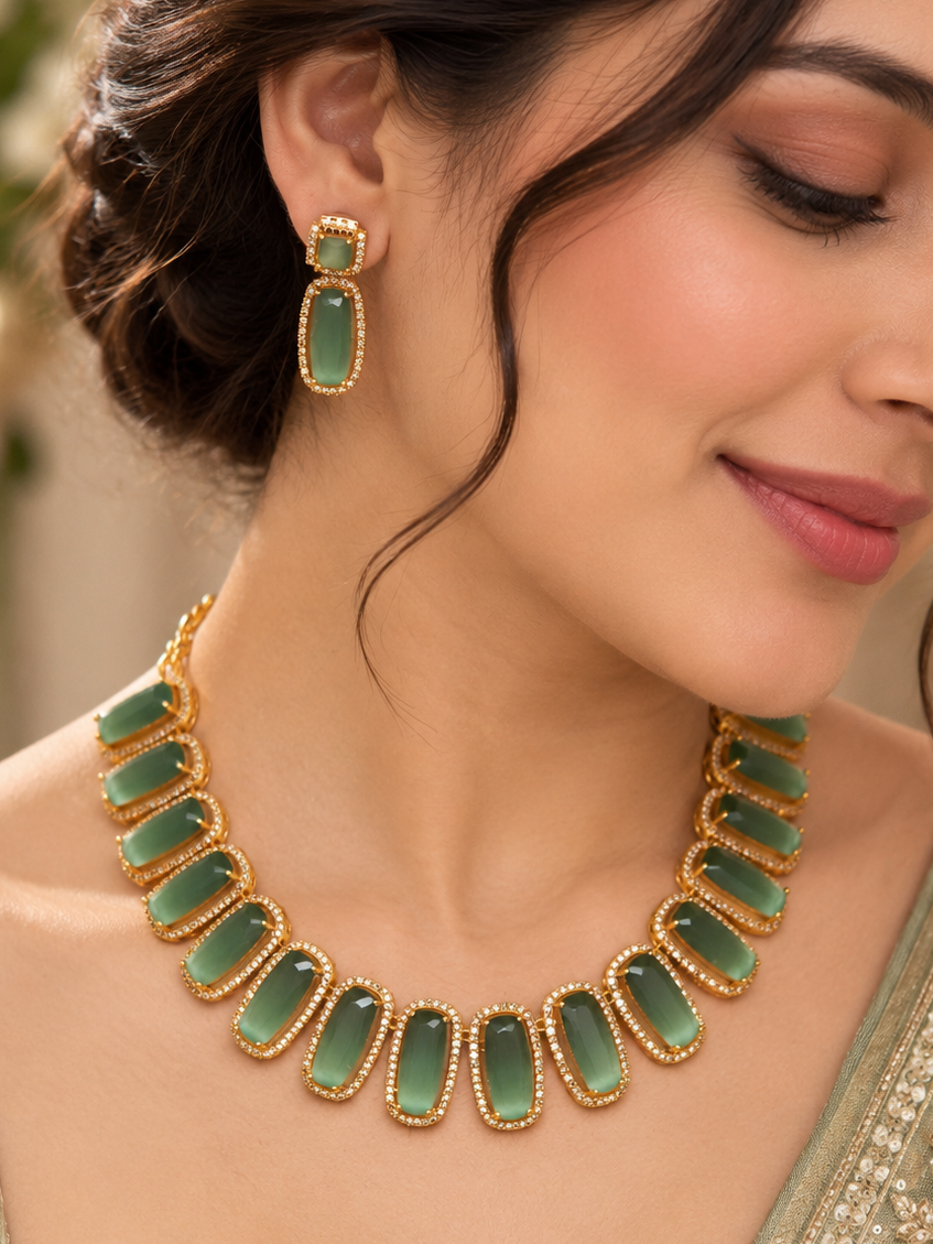 Mint Green Rectangular Stone Necklace Set