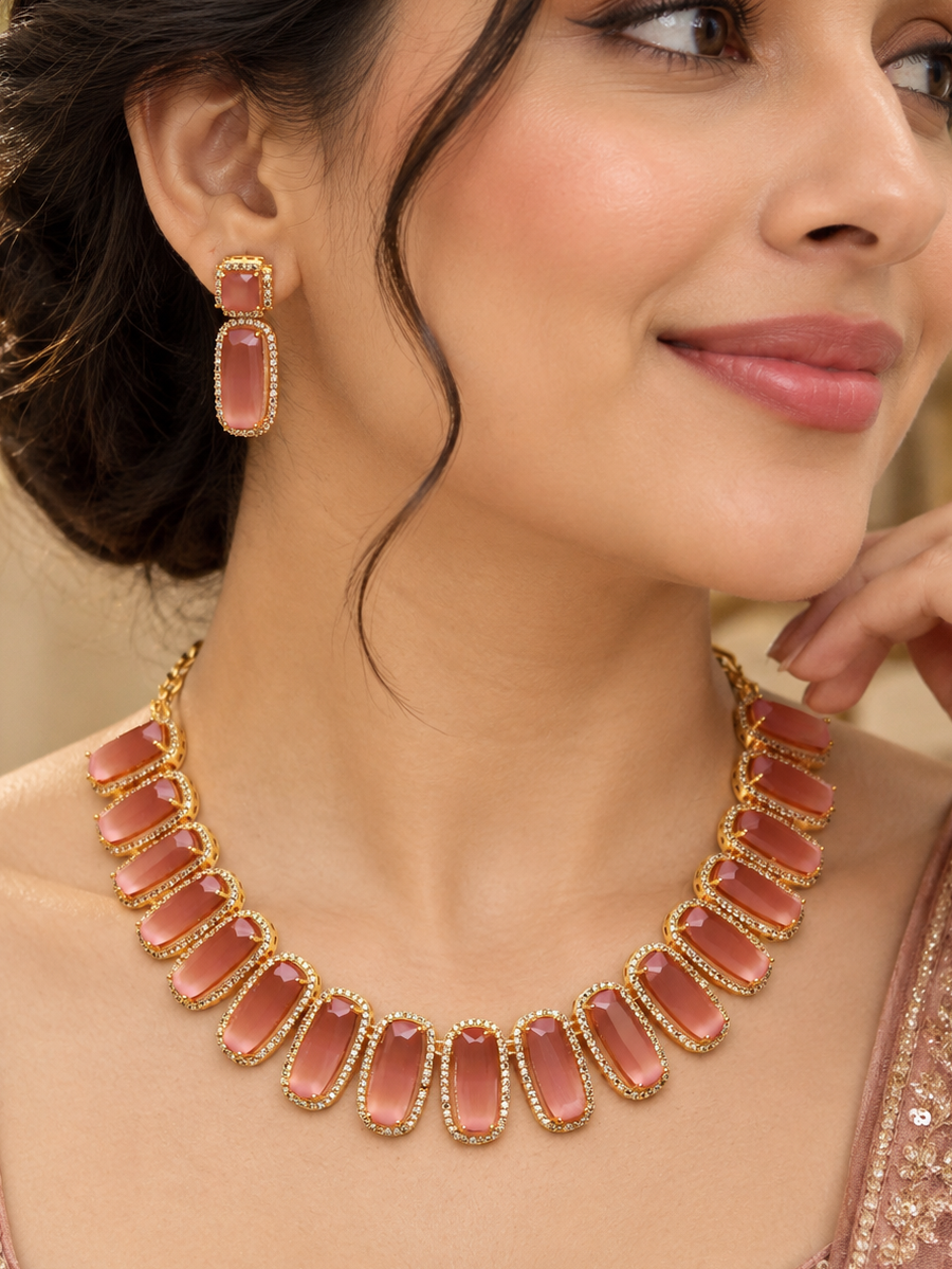 Blush Pink Rectangular Stone Necklace Set
