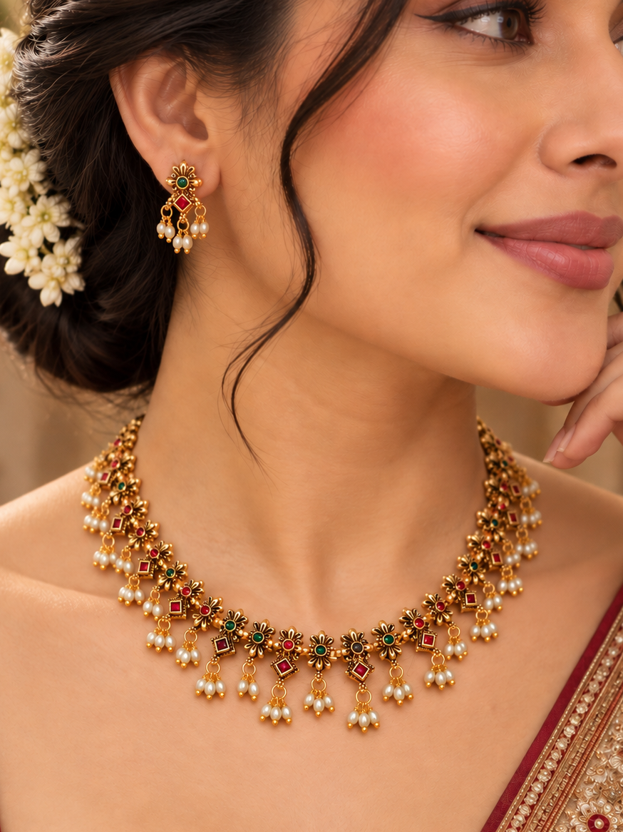 Floral Pearl Drop Antique Necklace Set