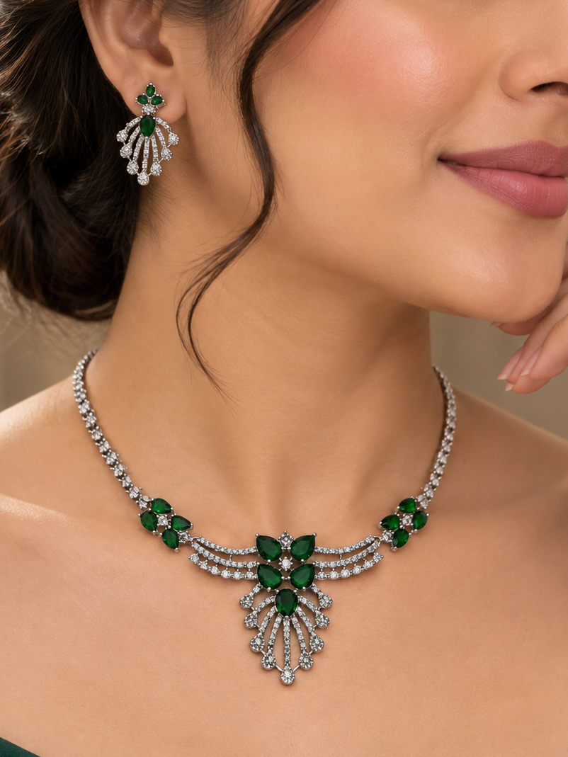 Green Petal Cascade Necklace Set