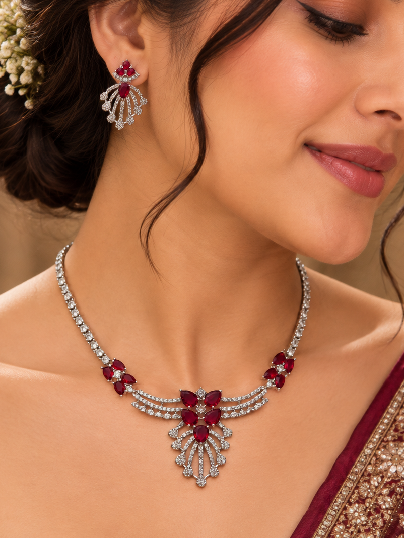 Red Petal Cascade Necklace Set