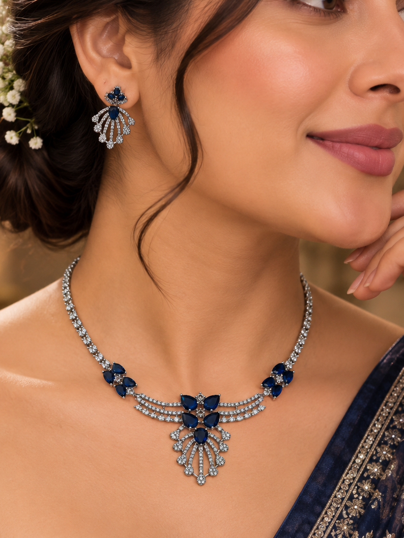 Midnight Blue Petal Cascade Necklace Set